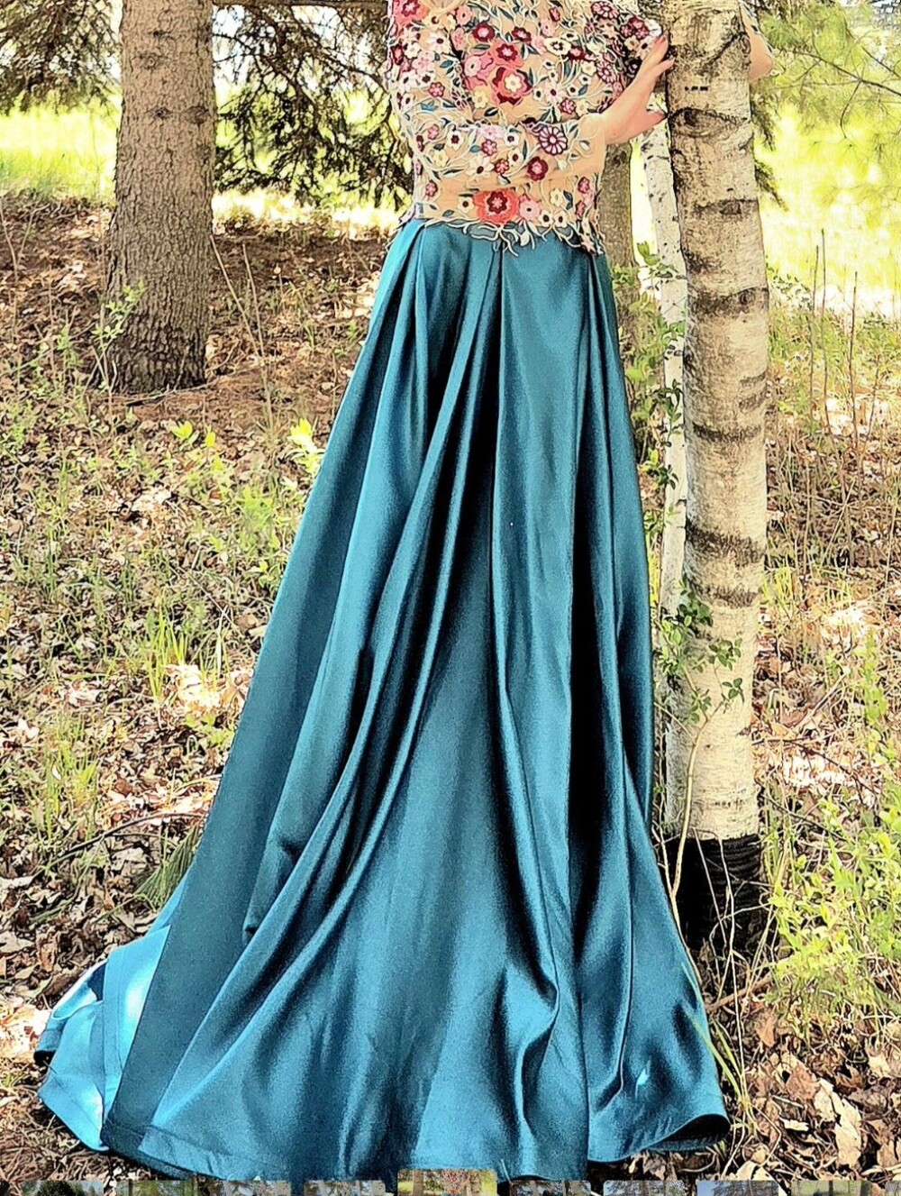 Handmade Embroidered Floral Bodice Teal Satin Gown